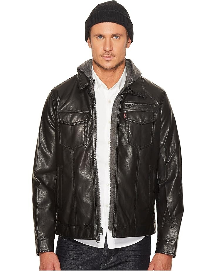 

Флис Levi's Faux Leather Trucker with Jersey Hood and Fleece Lining, черный