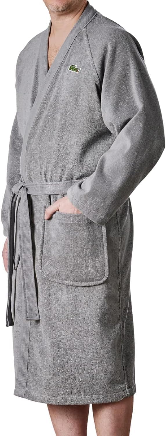 Lacoste Classic Pique халат, 100% мягкий хлопковый махровый материал, унисекс взрослый банный халат, впитывающий и быстросохнущий, один размер подходит большинству, Meteorite Grey