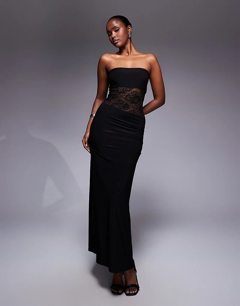 

Эксклюзивное двухслойное облегающее платье-бандо с прозрачными кружевными вставками от Kaiia черного цвета