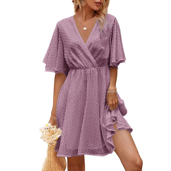 

Женское летнее платье мини с коротким рукавом, рюшами и запахом Clearflower, Purple