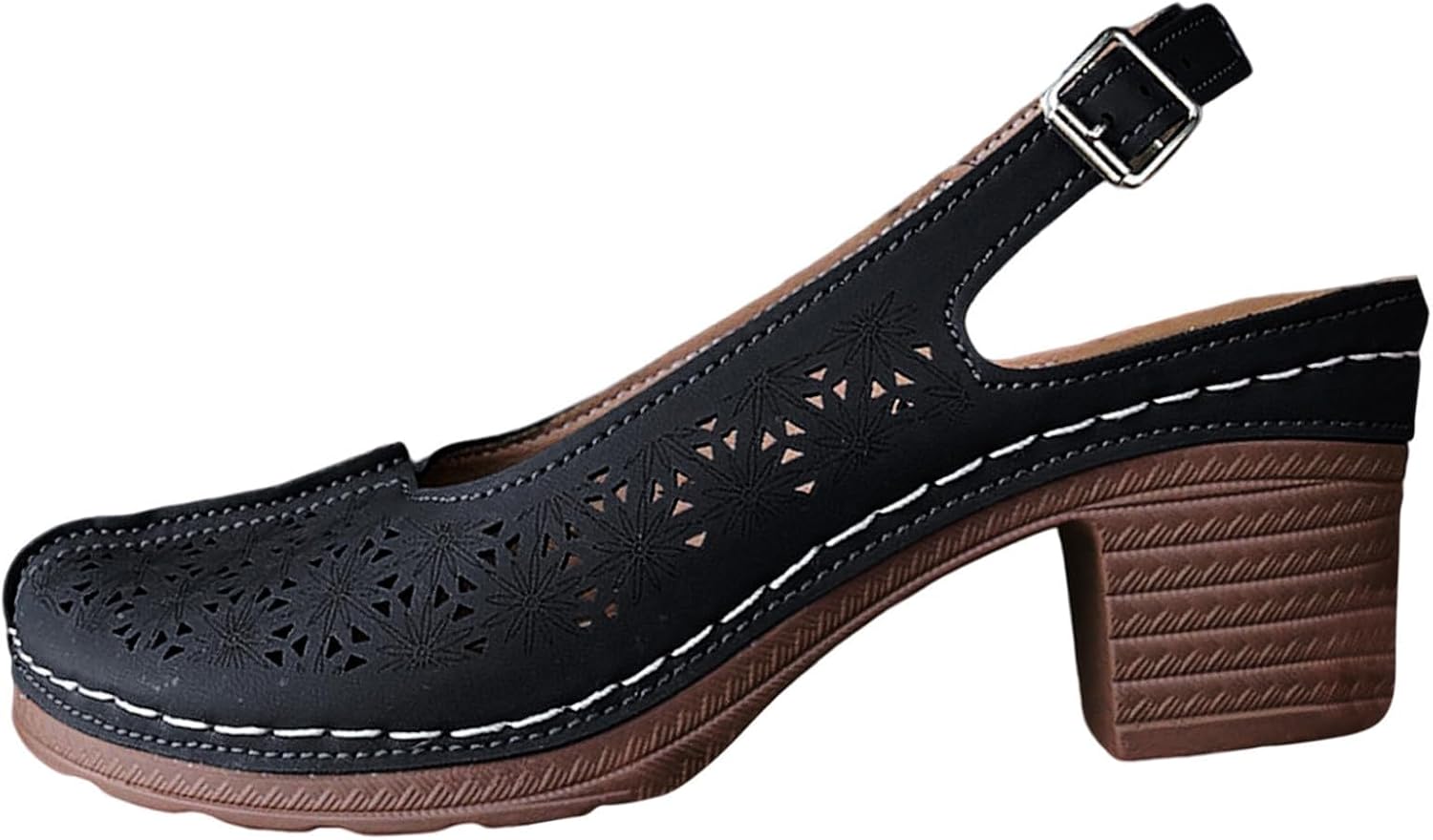 

Женские сандалии с вырезами, с массивным каблуком, широкие, с цветочным рисунком, удобные повседневные туфли, с регулируемым ремешком на щиколотке, на танкетке, противоскользящие, пляжные и уличные, летняя модная обувь Generic, черный