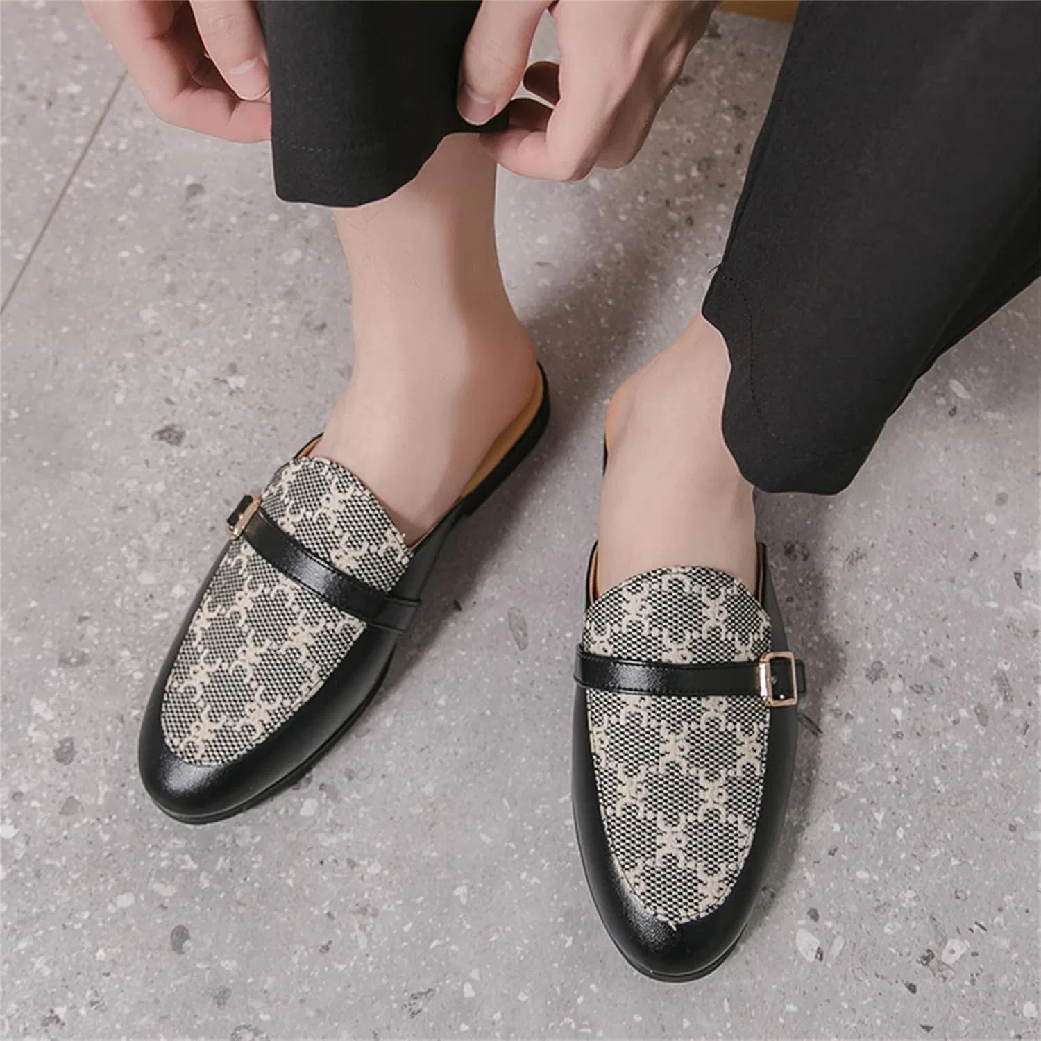 Мужские мюли с принтом, тканевые, с металлической пряжкой, Loafers Slip On, круглый носок, плоский каблук, легкие, повседневные, черные JSDWNDO — фото 4