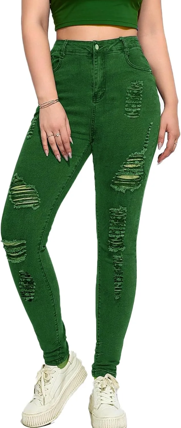 

Andongnywell женские скинни джинсы с потертостями и дырками, завышенная талия, облегающий крой, стрейч