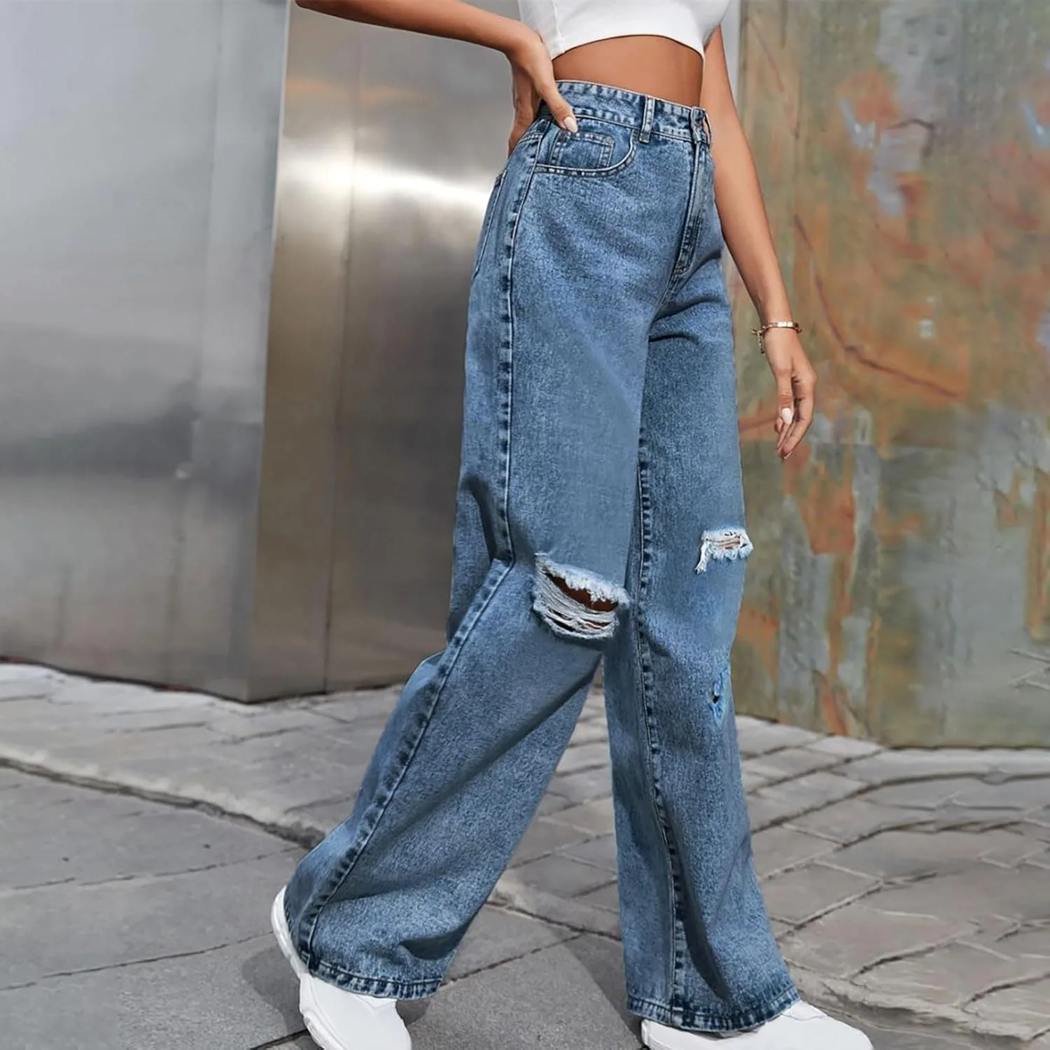 Женские джинсы wide leg с высокой талией и рваным эффектом — фото 4