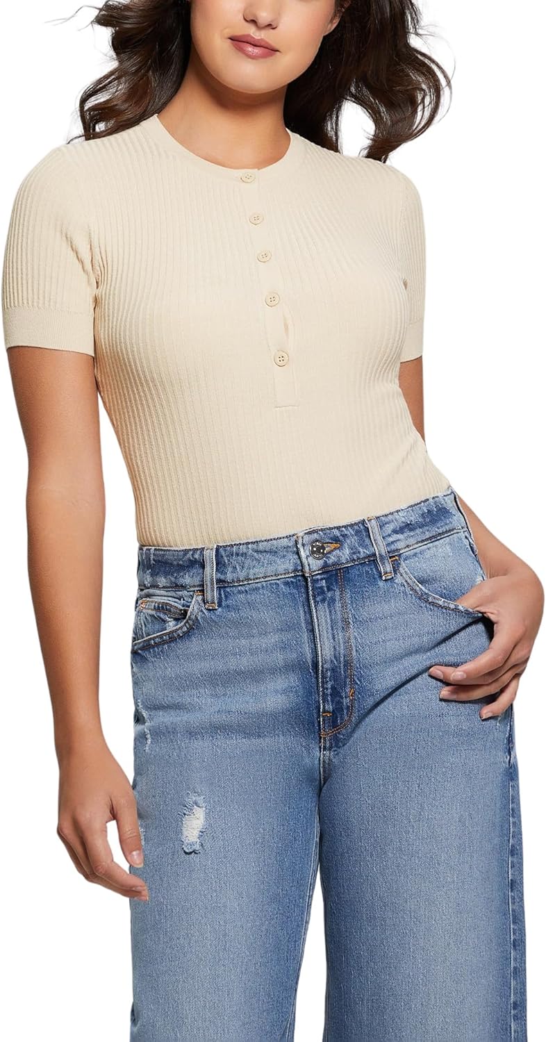 

GUESS женский Eco короткий рукав Anders Rib Henley Bodysuit, Pearl Oyster