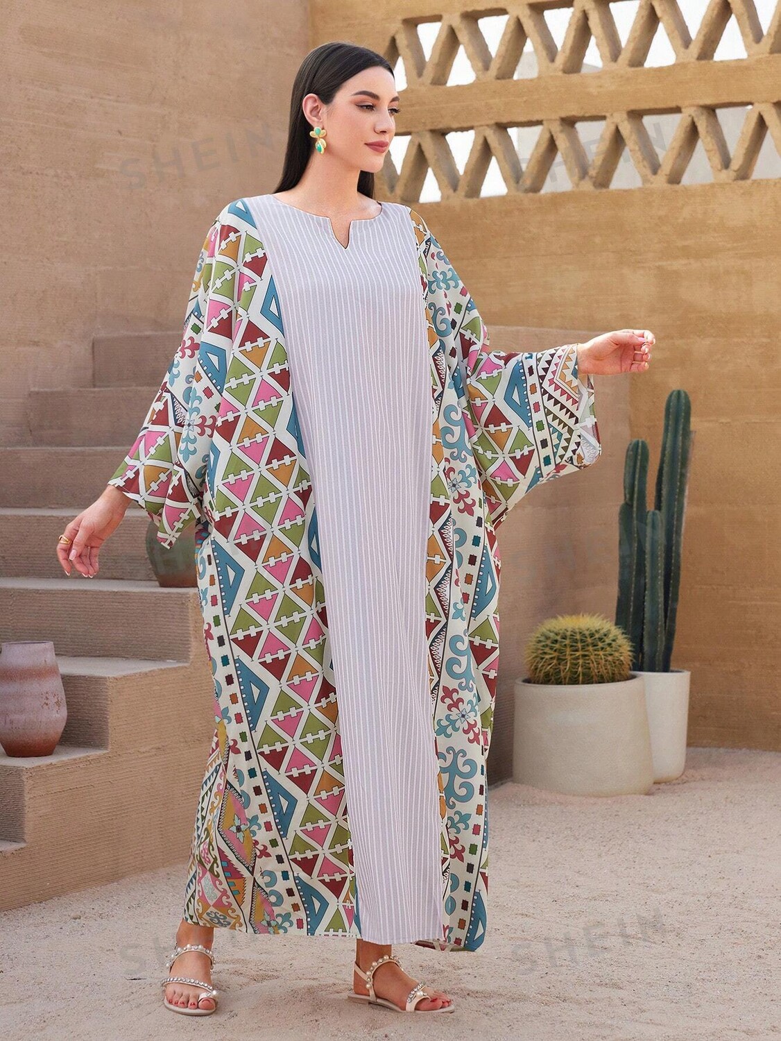 

Платье Najma, геометрический узор, простроченный рисунок ткани, рукава «летучая мышь» Shein, мультиколор