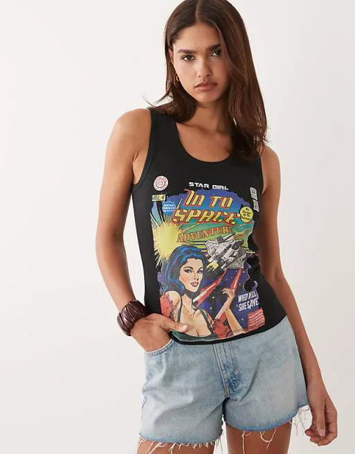 

Черная майка в рубчик с изображением девушки-звезды ASOS DESIGN, Черный, Черная майка в рубчик с изображением девушки-звезды ASOS DESIGN