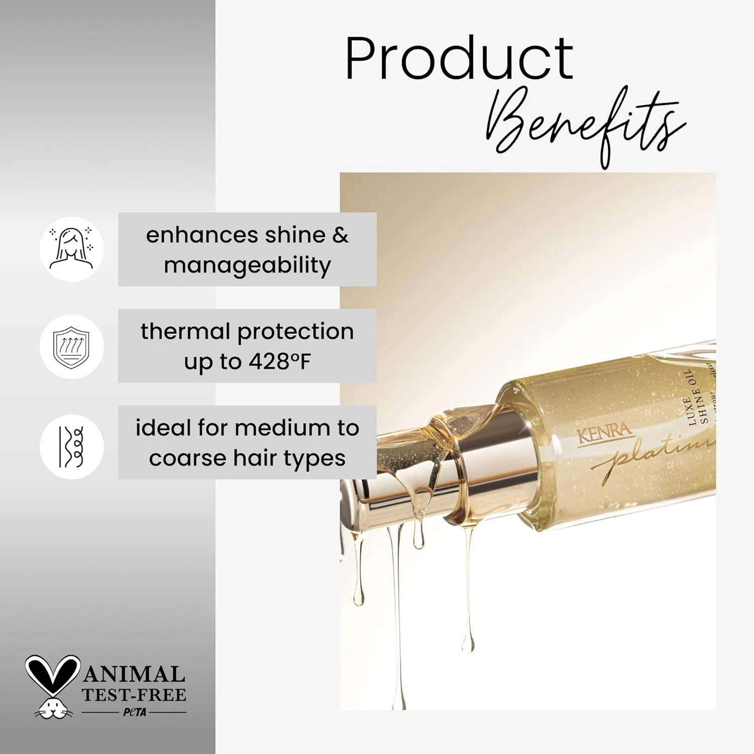 Kenra Professional Platinum Luxe Shine Oil, золотое питательное масло для сияния и укладки, термозащита до 232°C, для нормальных и густых волос, Gold — фото 2