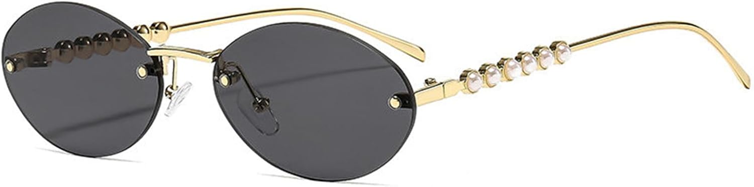 

Willochra Модные жемчужные солнцезащитные очки без оправы для женщин, ретро, ​​маленькие овальные солнцезащитные очки с металлической оправой, защита от УФ-излучения UV400, для пляжа и путешествий, C1