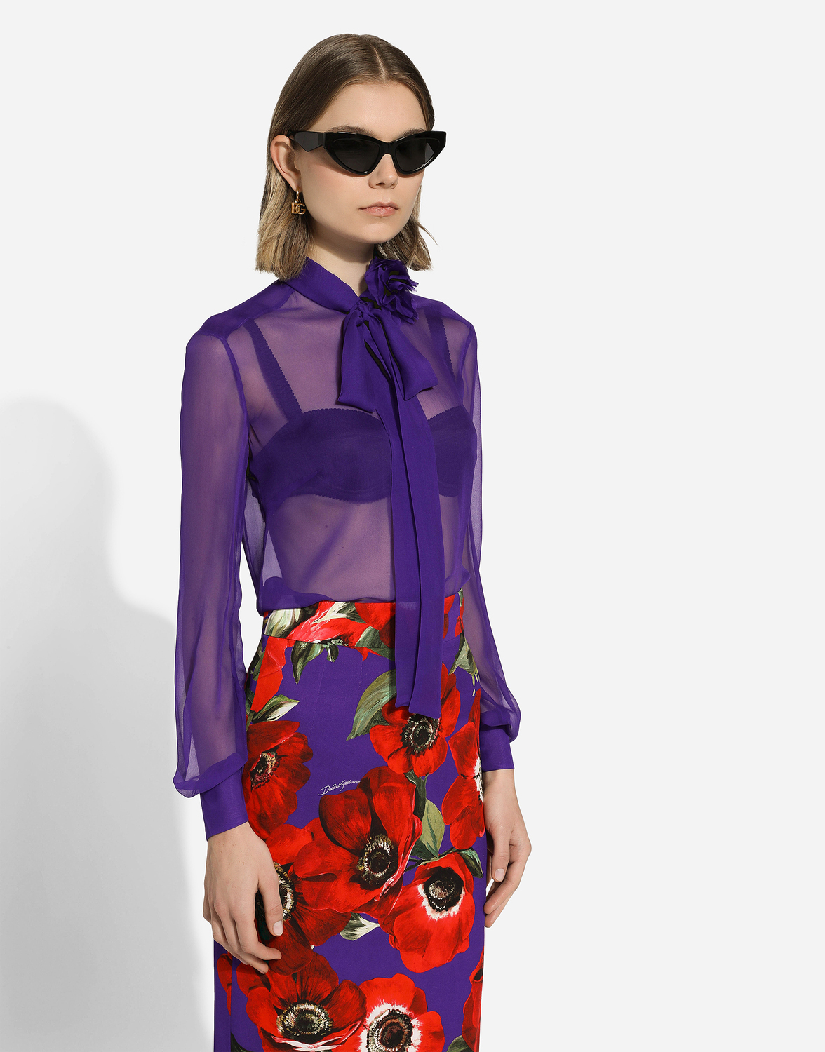Шифоновая рубашка с цветочным декором Dolce & Gabbana, фиолетовый — фото 4