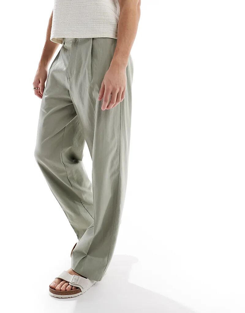 

Широкие брюки ASOS DESIGN из льняной смеси со складкой спереди, шалфейно-зеленого цвета