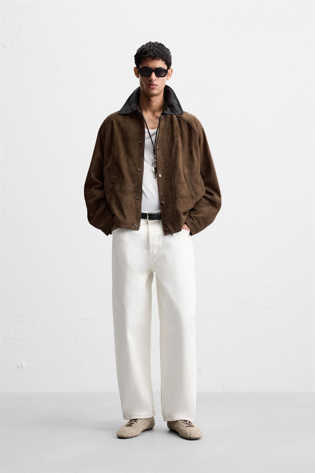 

Контрастная замшевая кожаная куртка ZARA, цвет Brandy