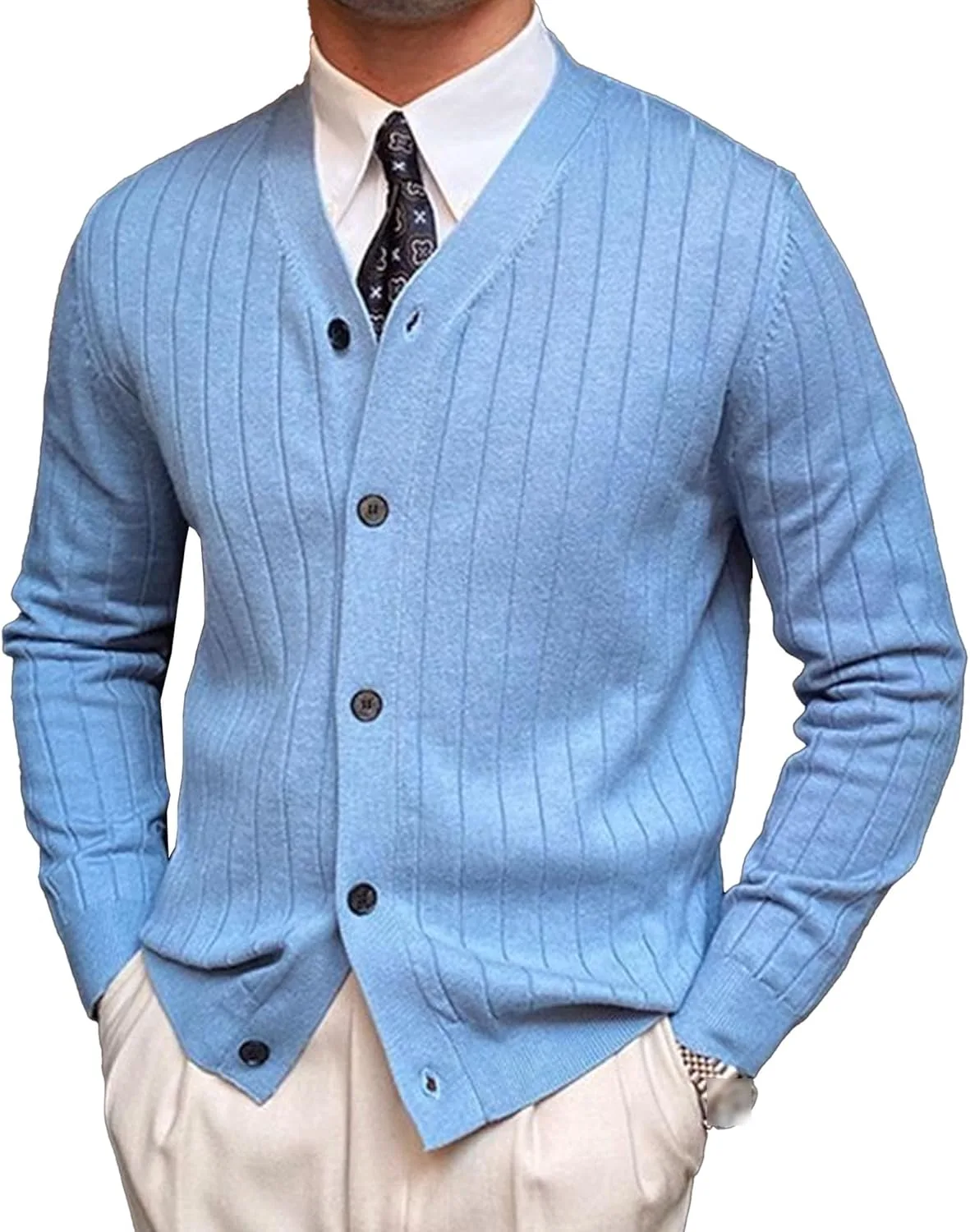 

Мужской кардиган V-образным вырезом на пуговицах, вязаный, с длинными рукавами SWJGLITTR