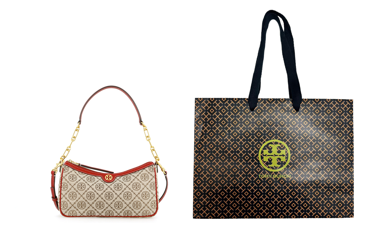 

TORY BURCH Тканевая женская сумка через плечо орехово-коричневая с красным