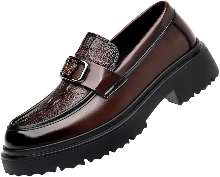 

Мужские роскошные лоферы из натуральной кожи с толстой подошвой, модный носок округлой формы, толстый каблук, подходящие для деловой одежды, классические обувь с нескользящей подошвой для вечеринок, свадьбы и танцев Lhyxu, коричневый
