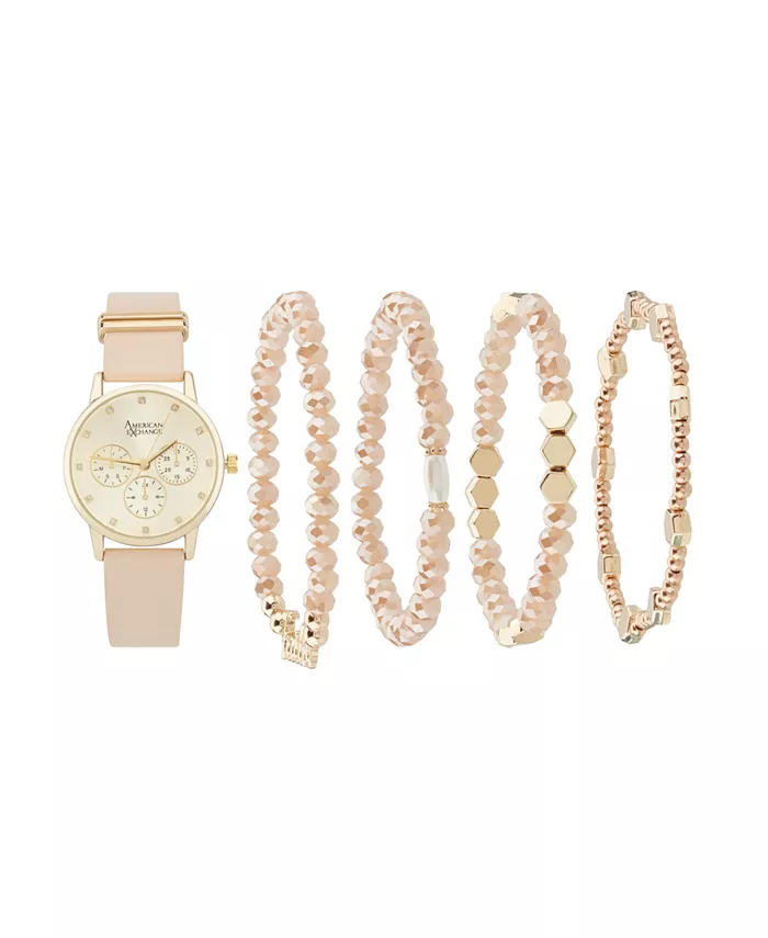 

Женские аналоговые часы 32 мм из бежевой полиуретановой кожи с ремешком и набором браслетов для стекинга в подарочной упаковке American Exchange