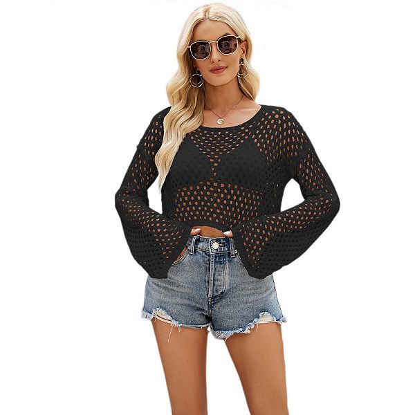 

Женский сетчатый кружевной кроп-топ с длинными рукавами и ажурной вязкой для пляжа Yesfashion, Balck, Серый, Женский сетчатый кружевной кроп-топ с длинными рукавами и ажурной вязкой для пляжа Yesfashion, Balck