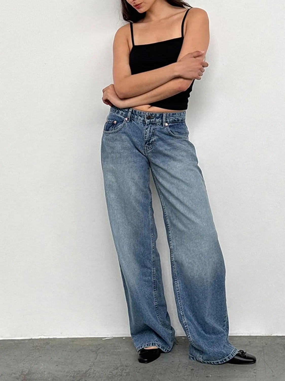 Женские джинсы Fall Baggy Low Rise Straight Wide Leg Wash Y2K с карманами — фото 3