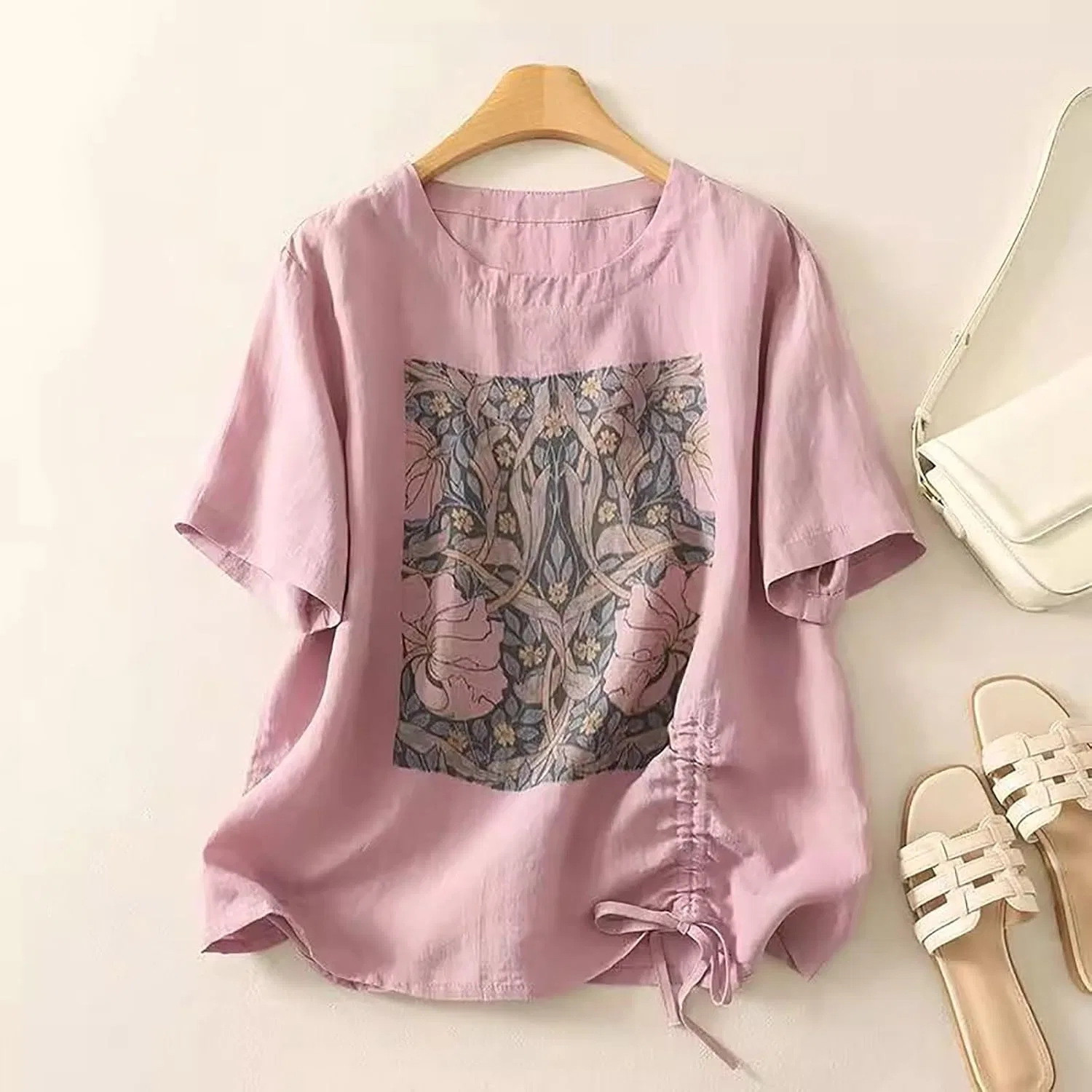 Блузка из хлопка и льна, свободная, T-Shirt, светло-фиолетовый — фото 3