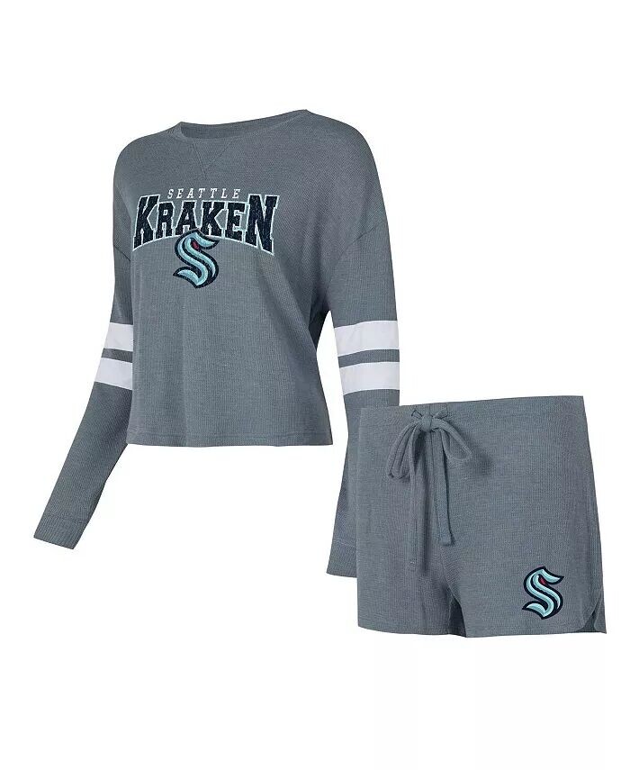 

Женский комплект для сна с длинными рукавами и шортами Seattle Kraken Meadow, темно-серого цвета с эффектом потертости Concepts Sport