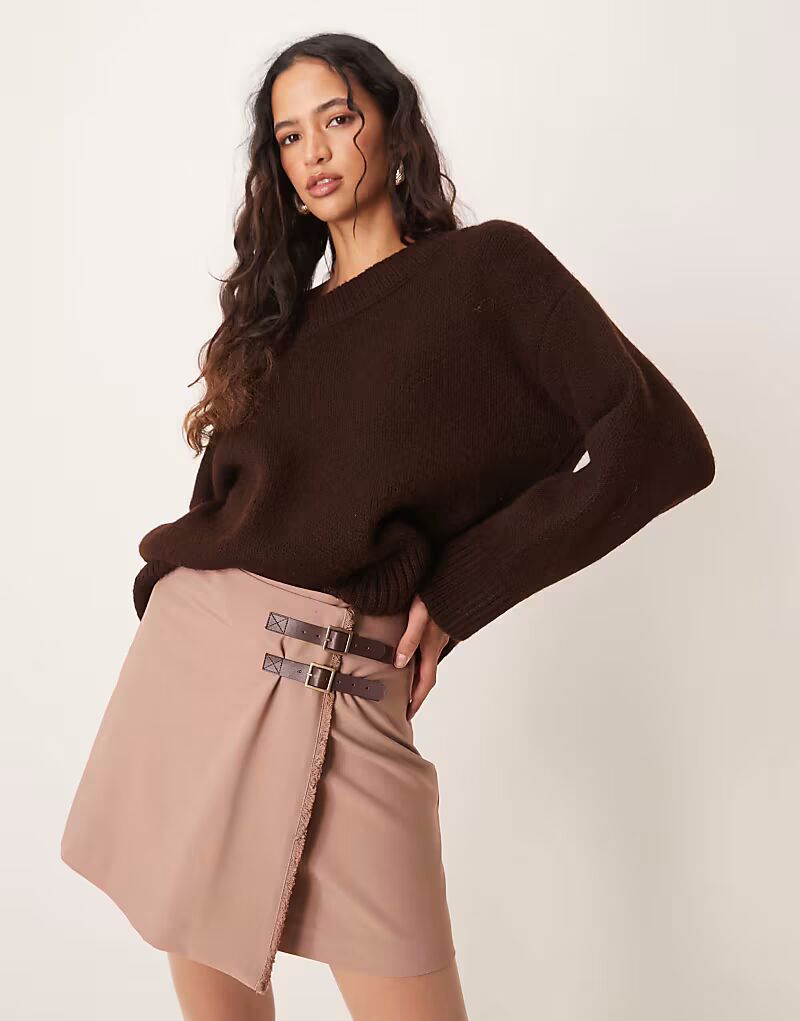 

Юбка ASOS DESIGN с двойным поясом и необработанным краем цвета мокко