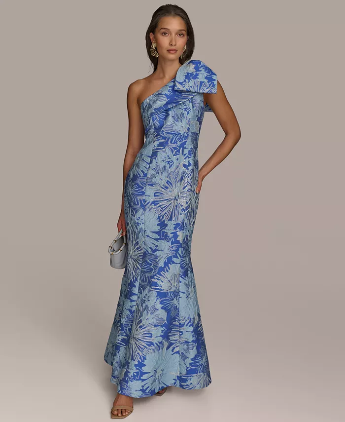 

Женское платье с одним плечом и бантом из жаккарда Donna Karan New York, синий