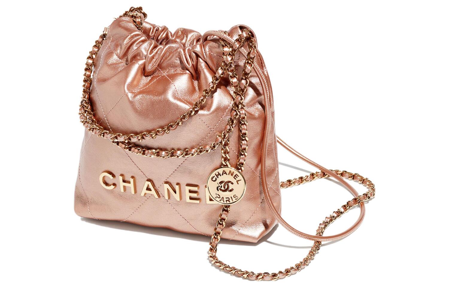 CHANEL Сумка-ведро из металлизированной телячьей кожи миниатюрная женская медная розовая — фото 2