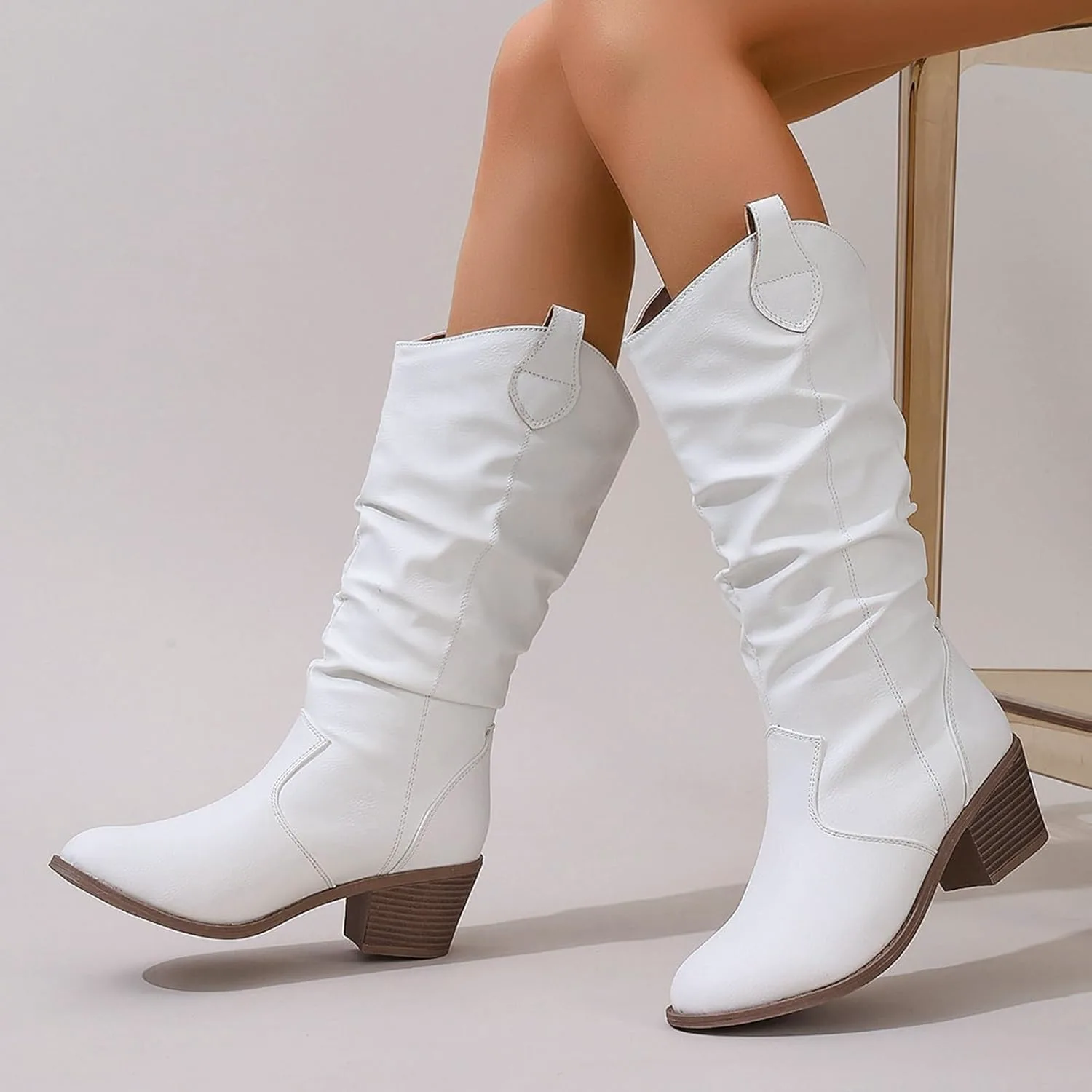 Женские ковбойские сапоги средней высоты западного стиля с низким широким каблуком, укороченные сапожки с круглым носком и мягким голенищем Generic, белый — фото 3