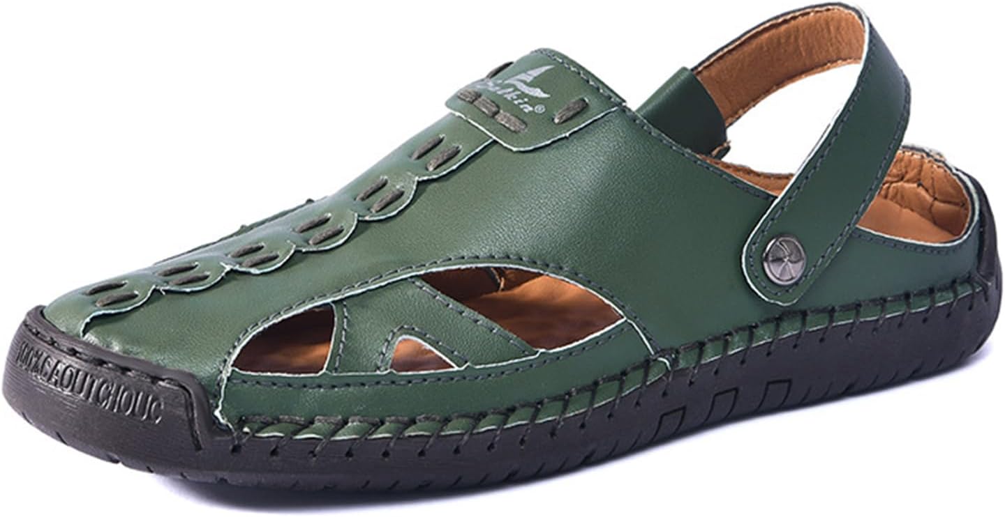 

Мужские сандалии-рыбацкие ручной работы из кожи - закрытый носок, легкое надевание, дышащий дизайн с нескользящей подошвой, летняя обувь для улицы и пляжа, для походов и повседневной носки, двусторонняя носка Eggdk, зеленый