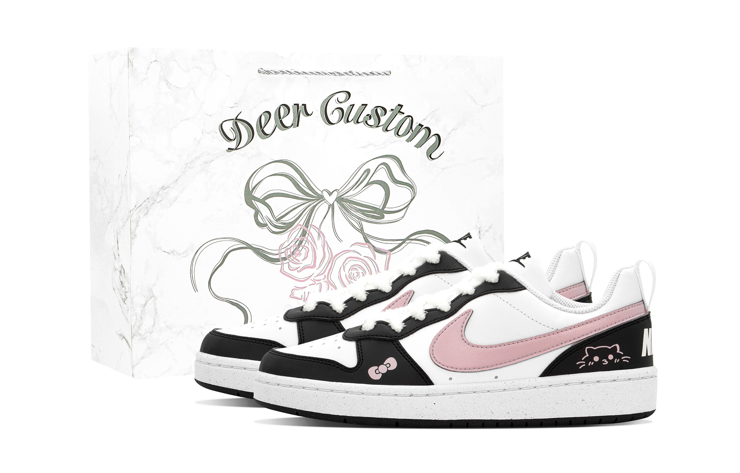 

Court Borough Kitten Rice Ball Кожаные противоскользящие износостойкие низкие детские скейтборд-кроссовки Nike, черный розовый (deer butterfly knot bag)