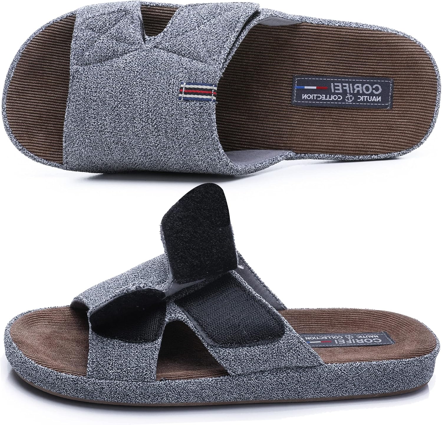 

Мужские домашние тапочки CORIFEI, открытый носок, Регулируемые, Низкая поддержка свода стопы, Резиновая подошва, Для дома и улицы, светло-серый