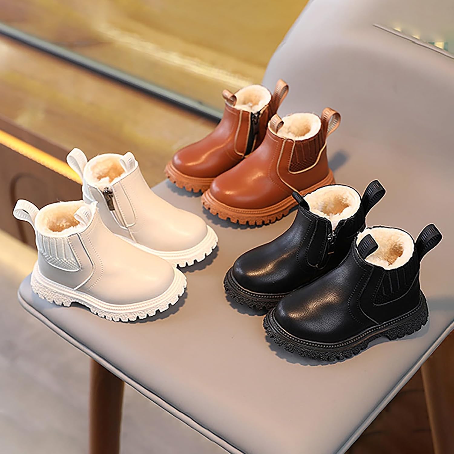 

Детские ботинки для девочек, челси с боковой молнией, удобные, на подошве с протектором, с низким каблуком, осенние ботинки с утепленной подкладкой из меха, теплые зимние сапожки для малышей и маленьких детей Generic, A/Brown