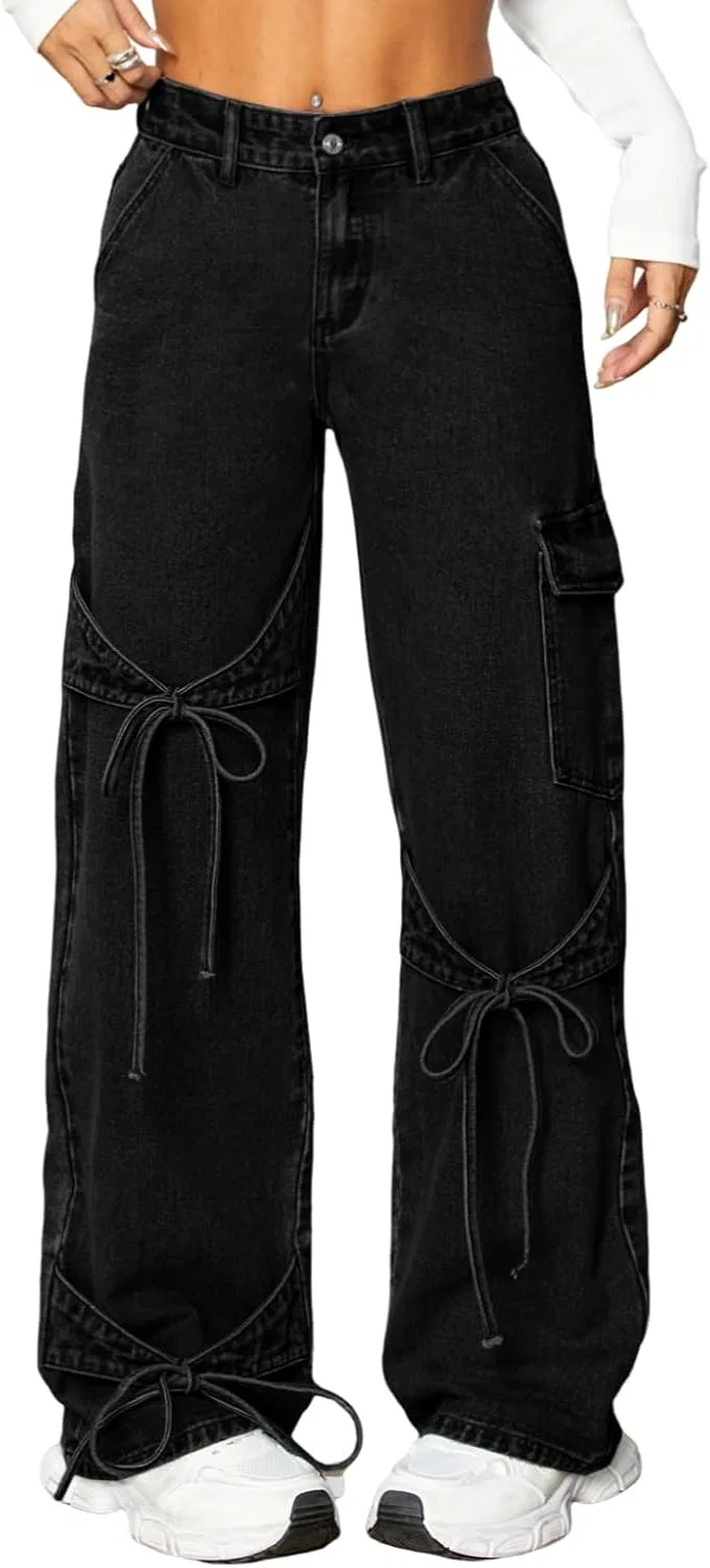 Джинсы с бантами, мешковатые, Black