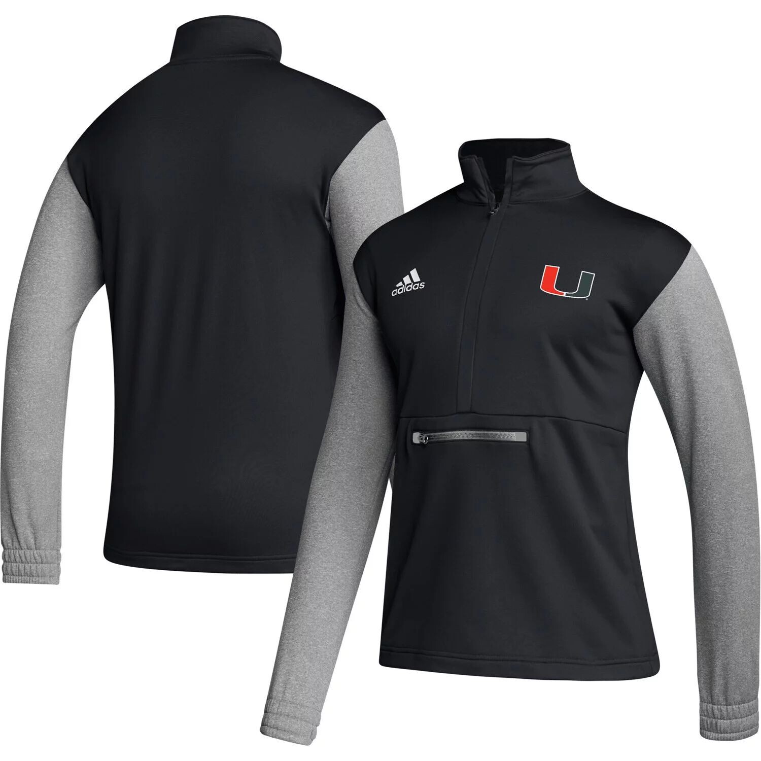 Мужская черная куртка Miami Hurricanes Team Issue AEROREADY с молнией на четверть adidas — фото 4