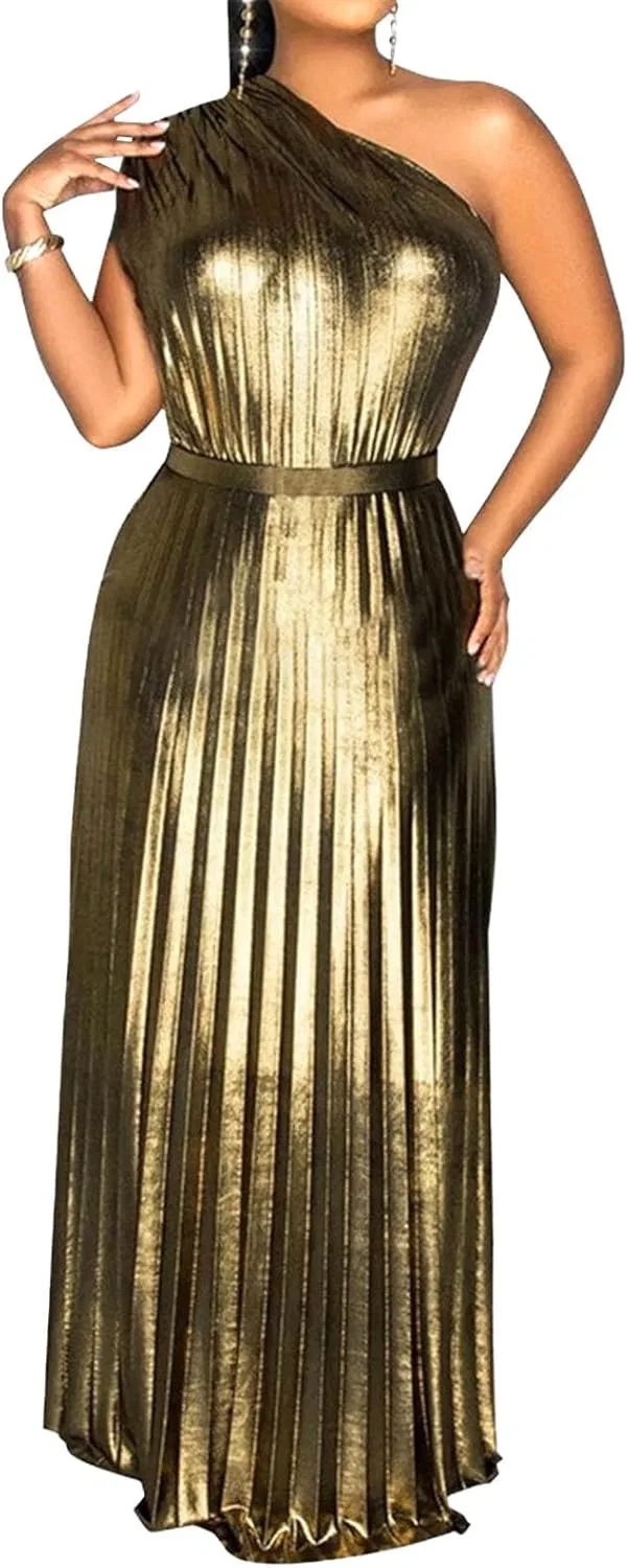 Generic Золотое платье Women's Elegant с одним плечом длинное плиссированное вечернее платье Formal без рукавов