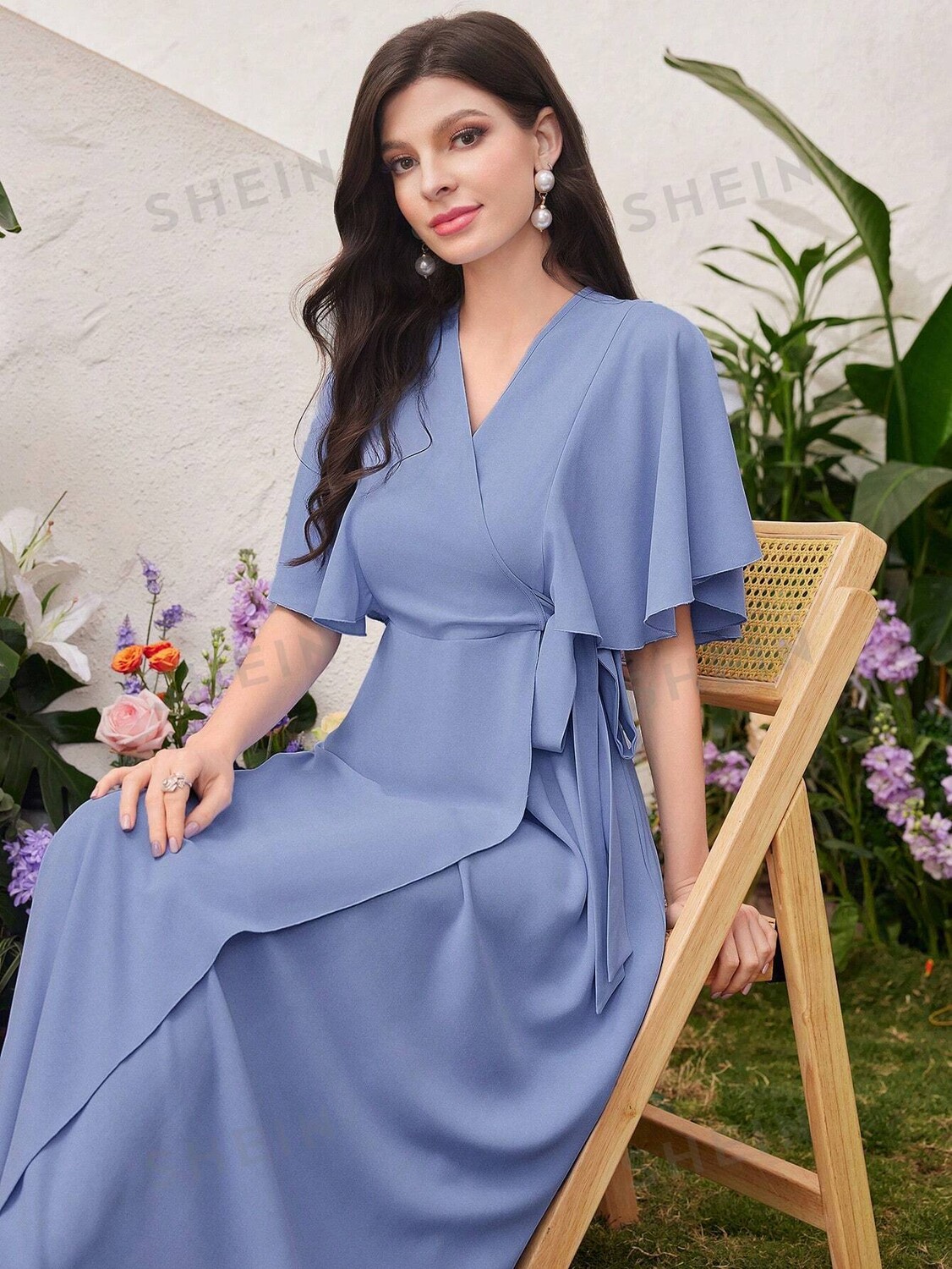 

Платье женское Shein Modely с запахом и рукавами-бабочками, синий