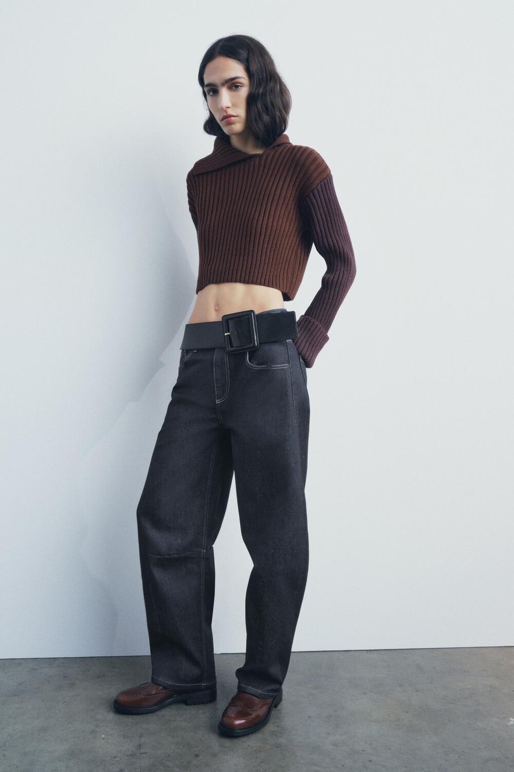 

Укороченный свитер с ребристой вязкой ZARA, цвет only one
