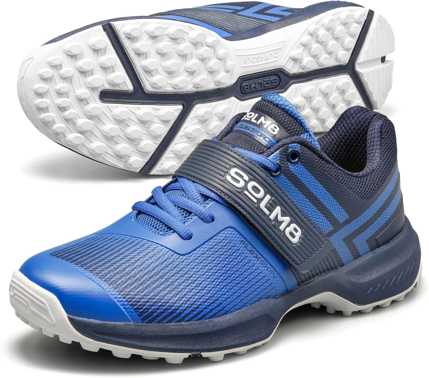 

Кроссовки для крикета SOLM8 S8 с резиновыми шипами - профессиональные бутсы для мужчин для игры на уличном газоне/траве, с широкой носочной частью, системой шнуровки Speed-Fit и новой гелевой амортизирующей стелькой, темно-синий
