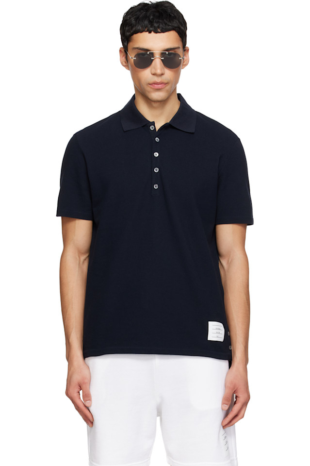 

Классическая поло-рубашка в полоску пике, свободного кроя Thom Browne, темно-синий