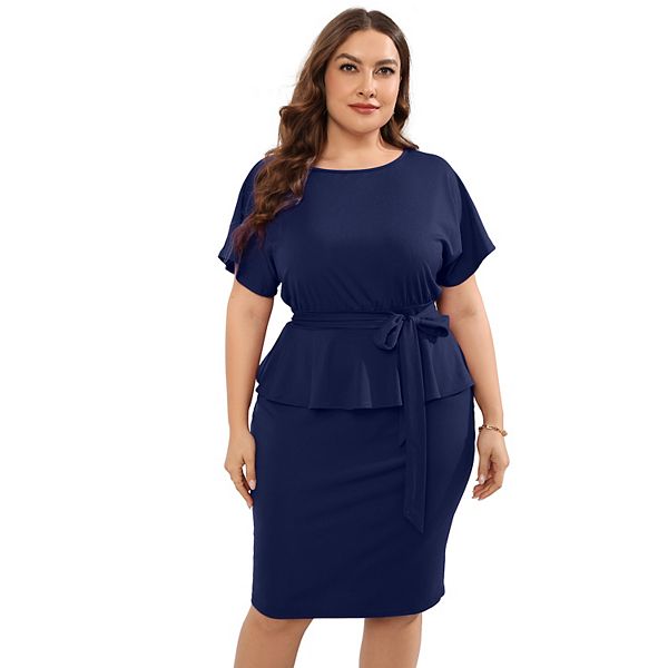 

Платье для женщин Plus size, деловое, приталенное, с коротким рукавом, миди, с поясом Seoria, Navy Blue
