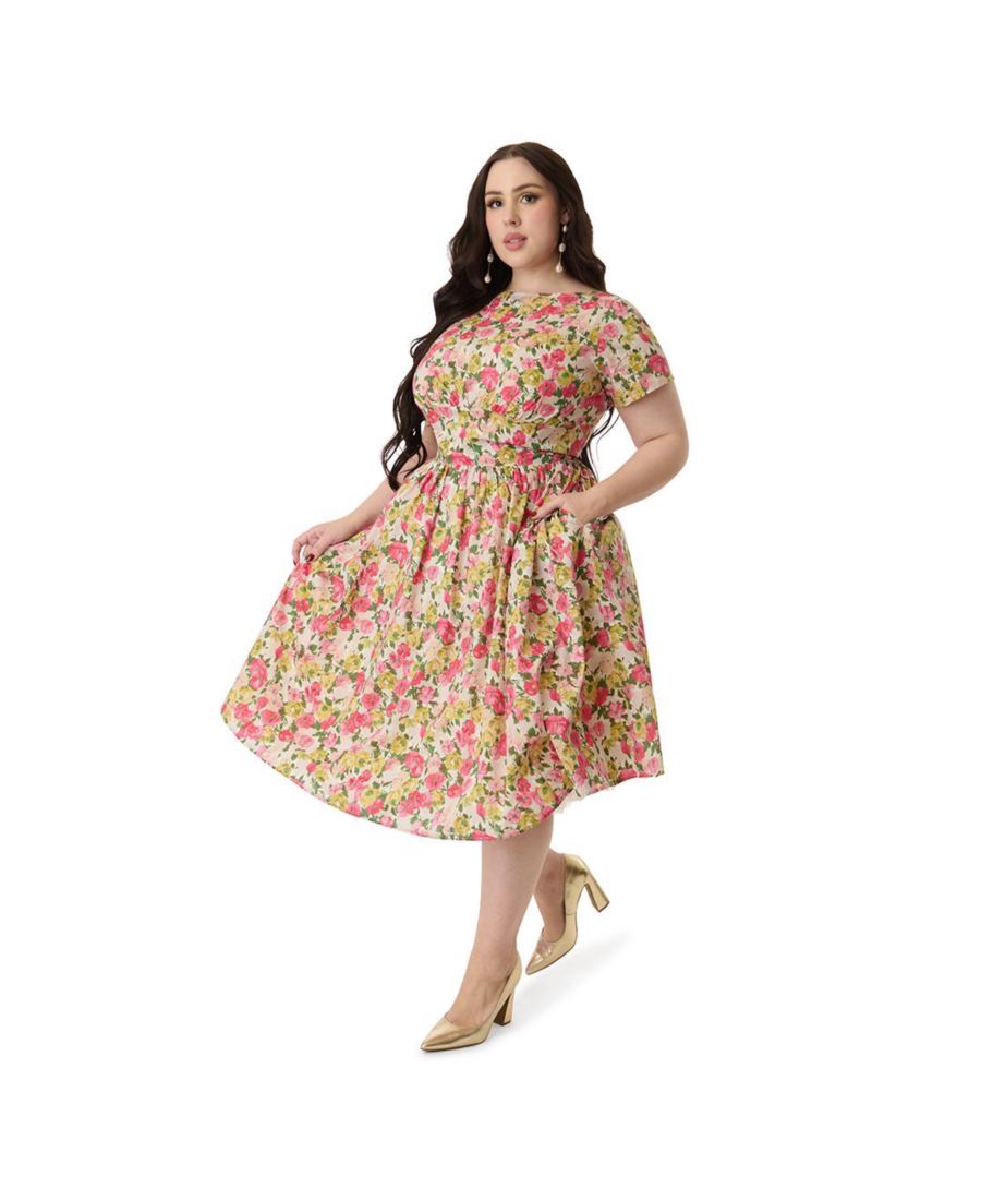 

Платье-трапеция большого размера с присборенной спинкой Unique Vintage, Yellow & pink floral