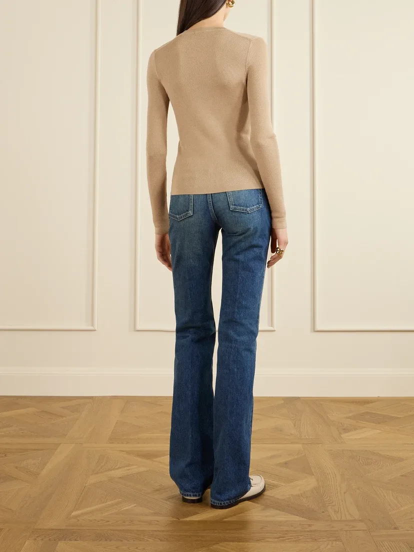 Топ из ребристого трикотажа из смеси шерсти, кашемира и шелка SAINT LAURENT, бежевый — фото 4