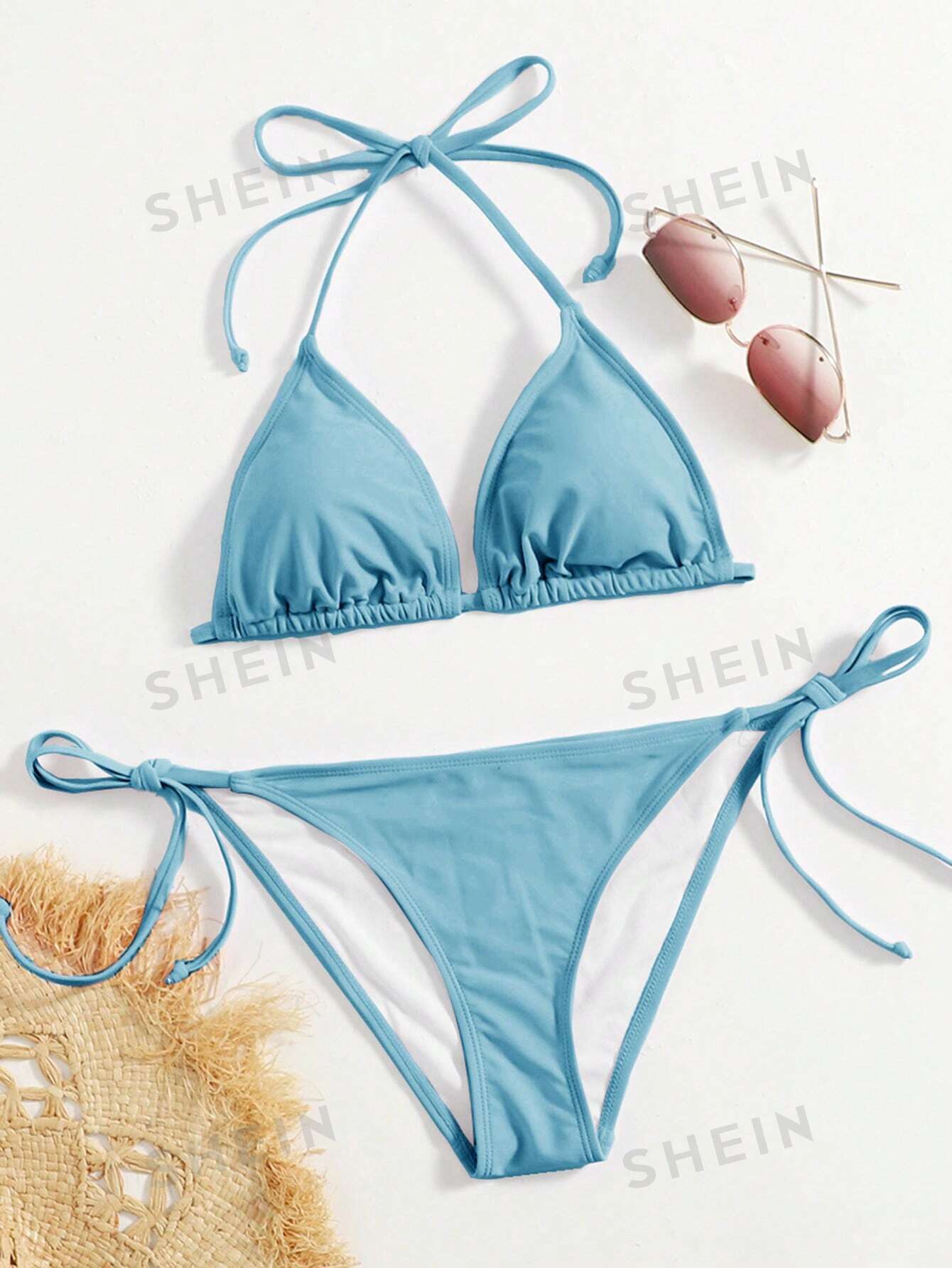 

Купальник Shein Swim Vcay с цветочной текстурой и вырезом через шею, голубой