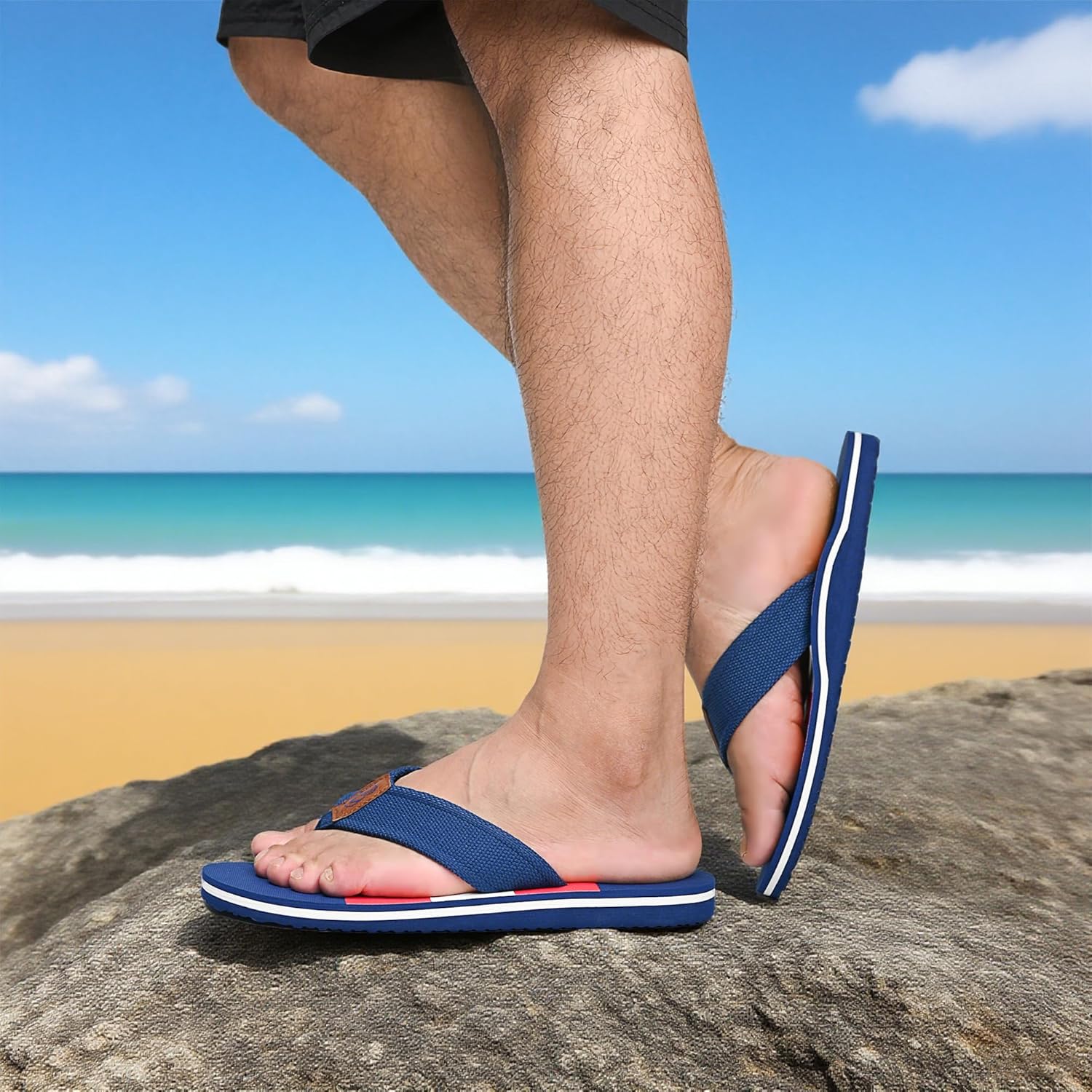 Мужские шлепанцы с поддержкой свода стопы - пляжные сандалии, быстросохнущие, с эВА подошвой и плетеными ремешками Elvora, красный/синий — фото 2