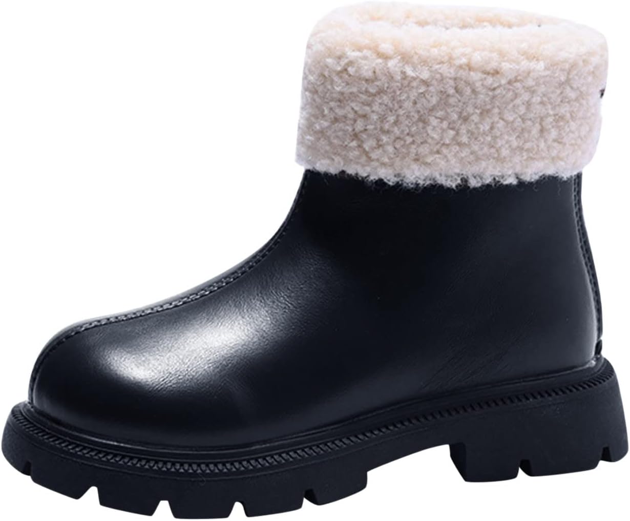 

Детские ботинки с искусственным мехом, с утеплителем, на щиколотку, для девочек, с массивным каблуком, зимние, однотонные, классические, противоскользящие, дождевые Generic, Black