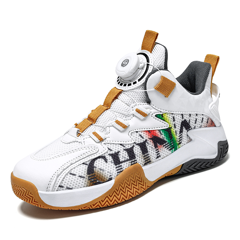 

Баскетбольные кроссовки с вращающимися кнопками, прочные, дышащие, среднего размера, детские кроссовки для бега ZIJIAN, белый/золотой