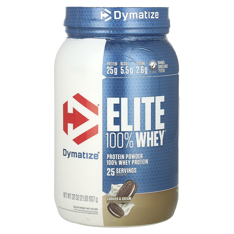 

Dymatize, Elite 100%, порошок из сывороточного протеина, печенье и сливки, 907 г (2 фунта)