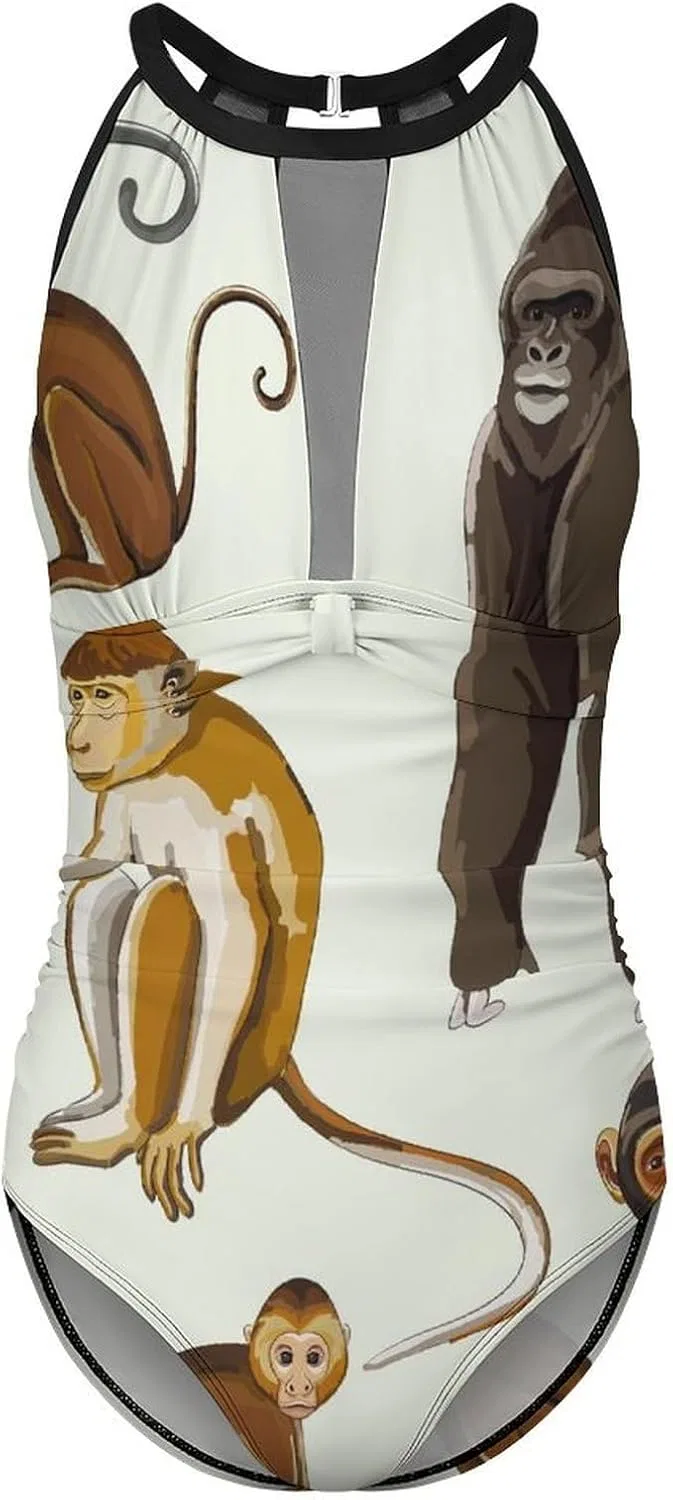 Виды обезьян и горилл. Цельный купальник для женщин с цветовым блоком. Спортивный купальник. Скромный купальник — фото 4