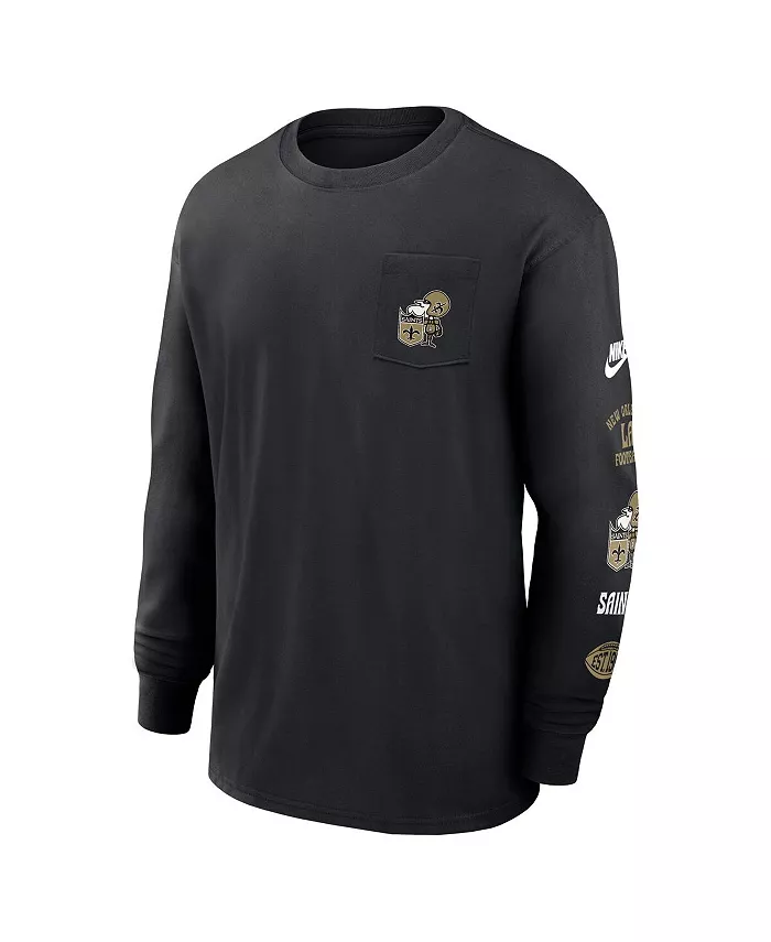 Мужская черная футболка New Orleans Saints Rewind Heavy Max 90 с длинным рукавом и карманом Nike — фото 3