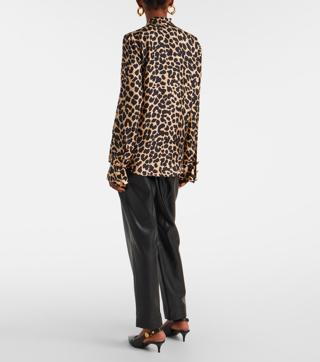 Шелковая рубашка с леопардовым принтом и оборками Balmain, Beige/Noir — фото 3